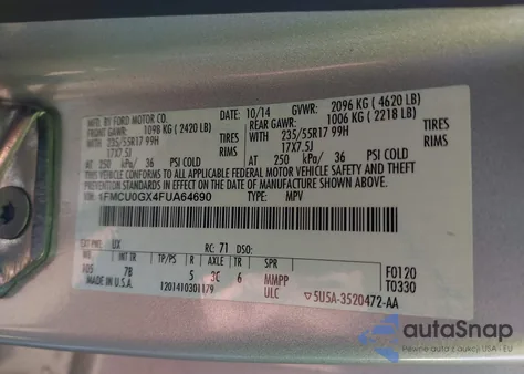 2015 Ford Escape Se from USA, damaged, VIN 1FMCU0GX4FUA64690